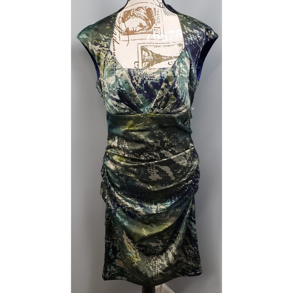 Jax Cocktail Dress Womens 14 Multi Abstract Print Cap Sleeve Side Ruched Detail